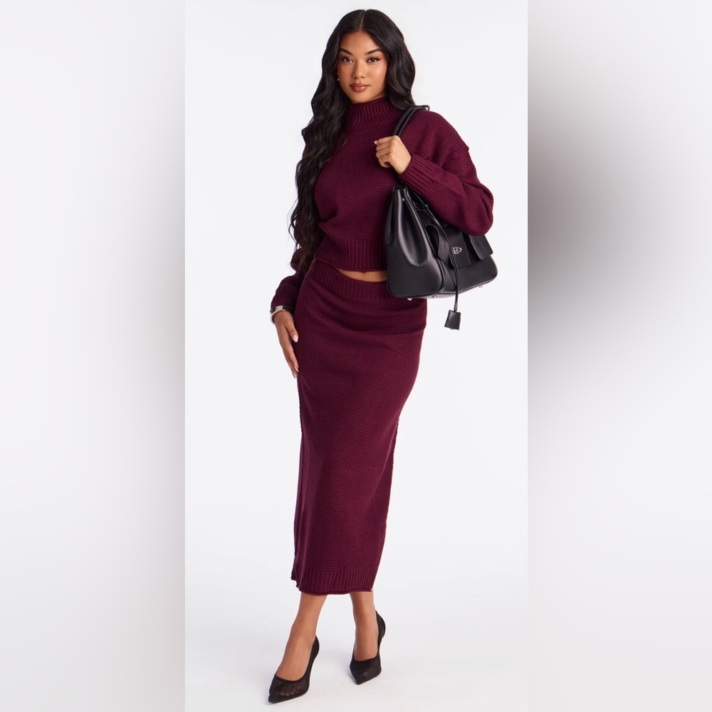 Fashion Nova Burgundy Knit Maxi Skirt Set